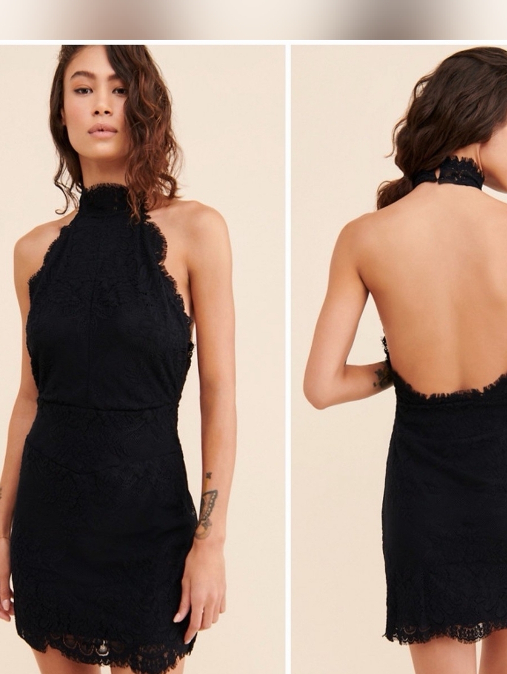 Free People Intimately Harper Mini Dress Lace Halter Open Back Black Small S